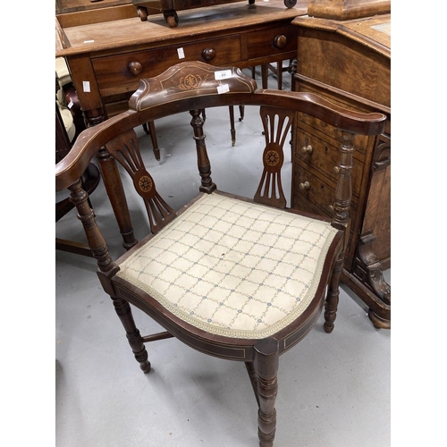 49 - Edwardian inlaid mahogany corner chair with cross stretchers.