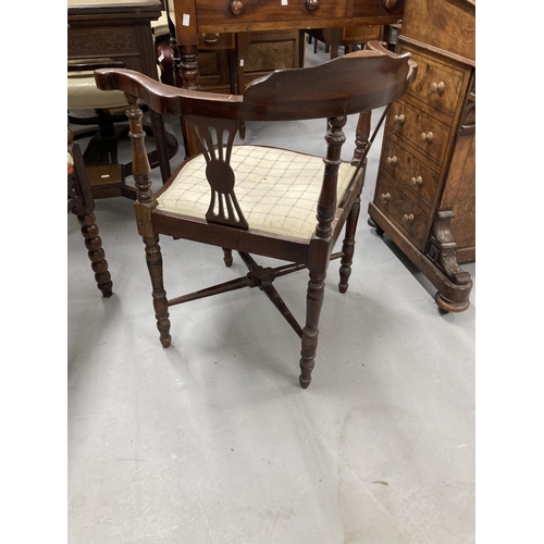 49 - Edwardian inlaid mahogany corner chair with cross stretchers.