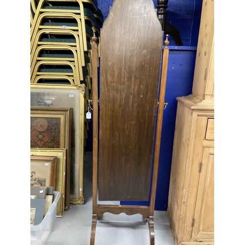 7 - Early 20th cent. Mahogany and maple full length mirror on arched supports. 63ins. x 16½ins.