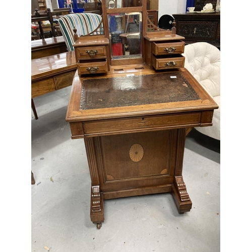 100 - Edwardian mahogany davenport with raised super structure, central mirror flanked by two small drawer... 