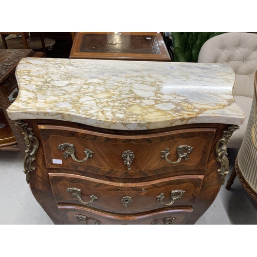 104 - 20th cent. French kingwood and mahogany marble top serpentine fronted small chest of three drawers w... 