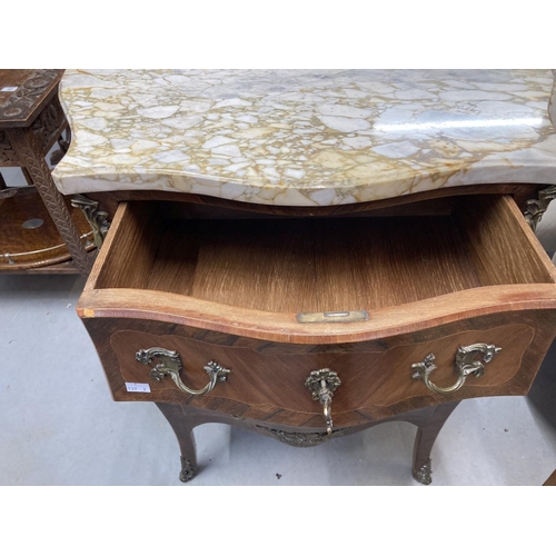 104 - 20th cent. French kingwood and mahogany marble top serpentine fronted small chest of three drawers w... 