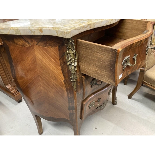 104 - 20th cent. French kingwood and mahogany marble top serpentine fronted small chest of three drawers w... 