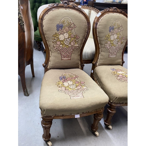 105 - Late 19th cent. Walnut framed upholstered nursing chairs with turned and fluted legs on castors, a p... 