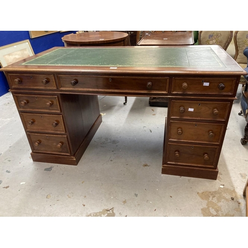 109 - 19th cent. Mahogany pedestal desk, the top with moulded edge and green gold tooled leather above thr... 