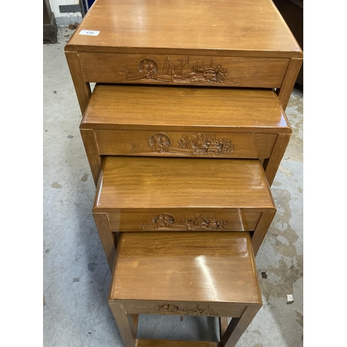 110 - 20th cent. Oriental/Chinese teak nest of four tables with carved decoration.