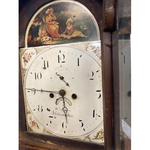 112 - 19th cent. 8 day longcase clock, Jones of Kidderminster, painted arch dial. 18ins.