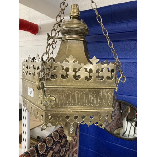 122 - Lighting: Gothic brass hanging lamp possibly ecumenical Pugin influence with classical script. Later... 