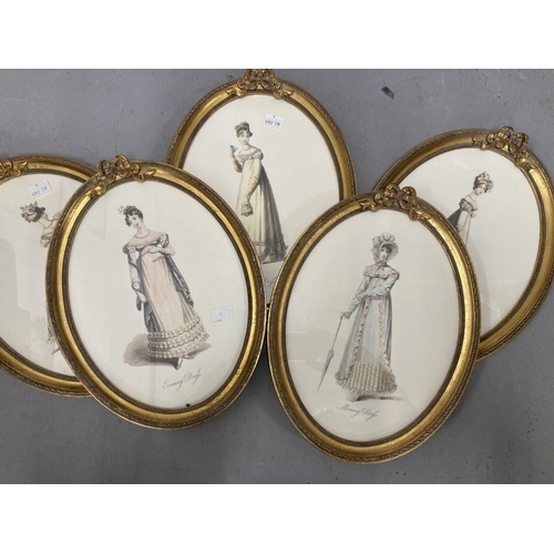 131 - 20th cent. French School: Coloured prints ladies in evening and morning dress in oval gilt frames, s... 