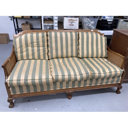 14 - 1930s style Bergere three seater sofa with striped upholstery. 69ins.