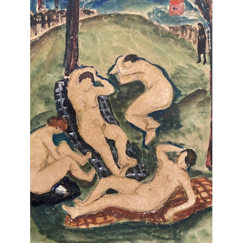 147 - Carlos Schneider (1889-1932): Watercolour on board nude figures in a landscape, mounted to card. 17½... 