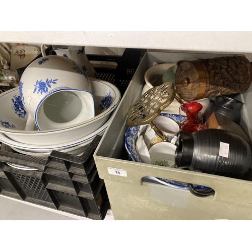 16 - Ceramics: Two blue and white jug and bowls, chamber pots, two pottery jugs, two boxes, a brass trive... 