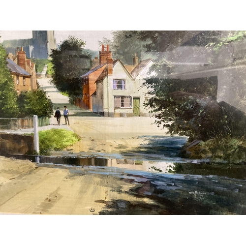 160 - John Haskins 1977 oil on board Kevsey Village Suffolk, signed bottom right and label on reverse, fra... 