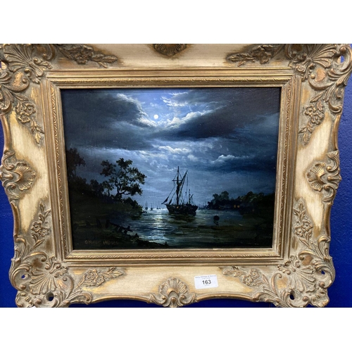 163 - 20th cent. Graham Hedges: Oil on board Moonlight study of ships. 14ins. x 11ins.