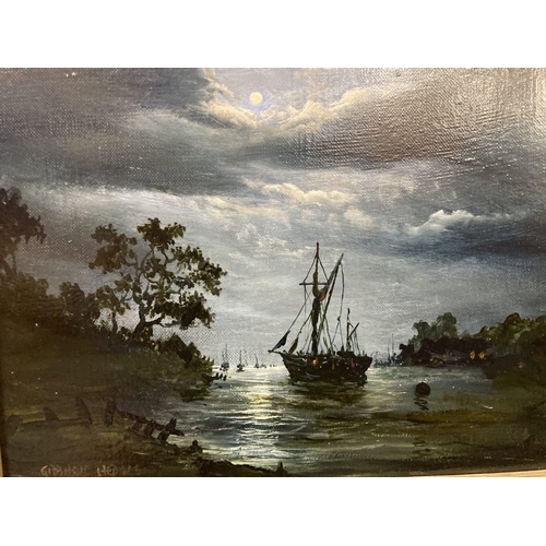 163 - 20th cent. Graham Hedges: Oil on board Moonlight study of ships. 14ins. x 11ins.