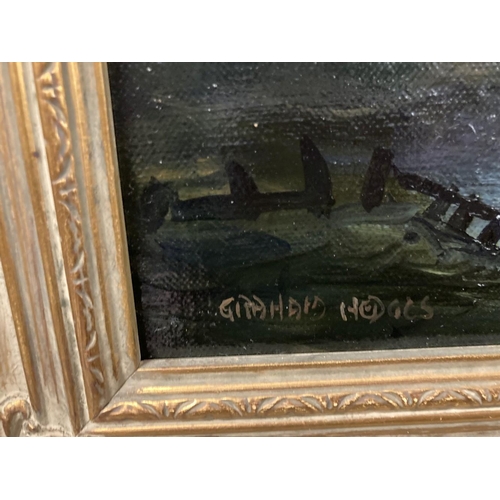 163 - 20th cent. Graham Hedges: Oil on board Moonlight study of ships. 14ins. x 11ins.