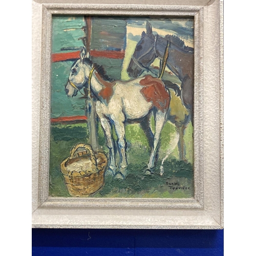 174 - Daniel Rouviere (1913): Oil on board horses, signed bottom right, framed. 10ins. x 7¾ins.