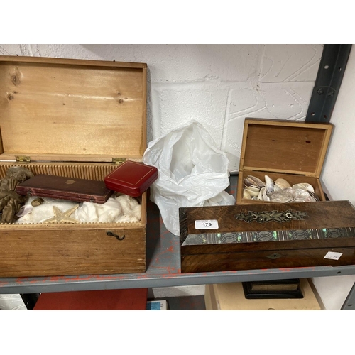 179 - 19th cent. Amboyna box containing shells, a pine box with shells, a walnut box with mother of pearl ... 