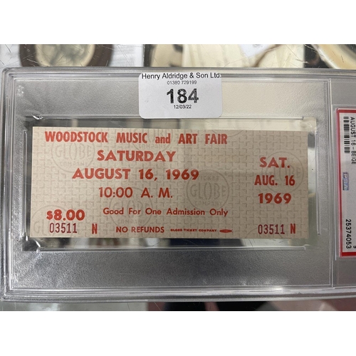 184 - Music/Iconic Festivals: Woodstock August 1969. One day Admission Ticket 03511 August 16. P.S.A. Cert... 