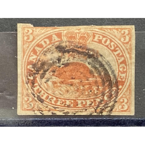 210 - Stamps: Colony of Canada, 1851 SG1a, 3d Red, used, clipped top edge, multi circle cancel.