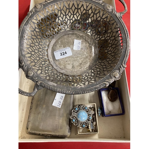 224 - Silver plate pierced fruit bowl by WMF plus a collection of badges and costume jewellery to include ... 