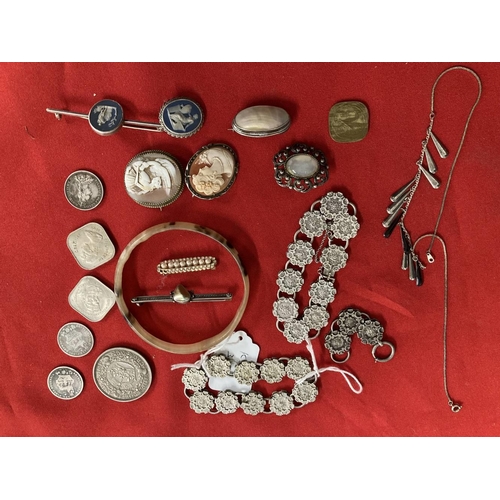 229 - Costume Jewellery: Collection of cameo brooches, moonstone brooch, Wedgwood brooch, horn bangle, cam... 