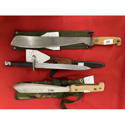 240 - Militaria/Edged Weapons: Swiss FUM 57 bayonet and scabbard and two British post-1970s machetes. (3)