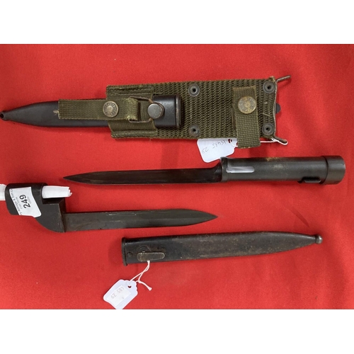 249 - Militaria/Edged Weapons: Argentinian FN FAL type C bayonet scabbard and frog 12½ins, South African N... 