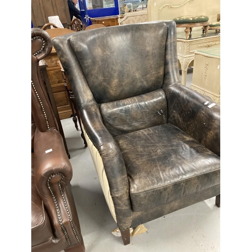 28 - Andrew Martin Harrow style leather and fabric high back armchair.