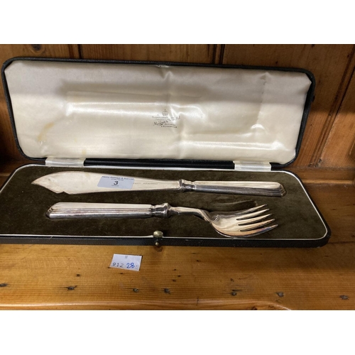 3 - 20th cent. Mappin & Webb six place setting fish knives and forks enclosed in a satin lined case. Plu... 