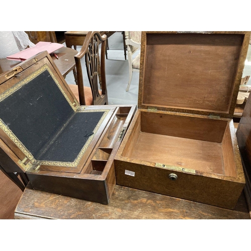 32 - 19th cent. Rosewood decanter box with brass carrying handles. 13¾ins. x 8¾ins. x 10¾ins. Plus a maho... 