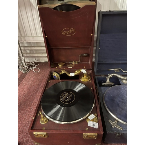 339 - Mechanical Music: 1930s Edison Bell portable gramophone player 'Electron' with gilt fittings in mauv... 