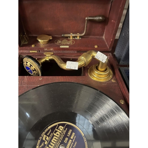 339 - Mechanical Music: 1930s Edison Bell portable gramophone player 'Electron' with gilt fittings in mauv... 