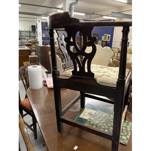 34 - 19th cent. Rustic corner chair with pierced splat back and drop in seat, mixed hardwood.