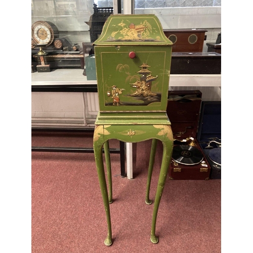 347 - 20th cent. 'Telephone Valet' cabinet, green painted chinoiserie case and candlestick telephone. 43in... 