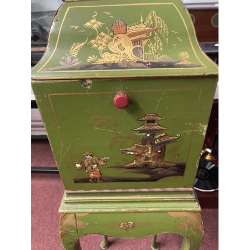 347 - 20th cent. 'Telephone Valet' cabinet, green painted chinoiserie case and candlestick telephone. 43in... 