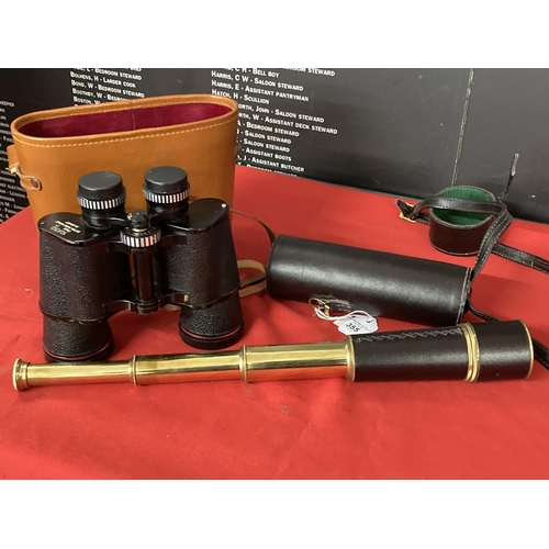 355 - 20th cent. Binoculars 10x50 wide field cased, 20th cent. Brass three draw telescope signed Nauticali... 