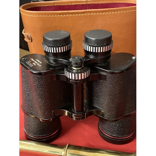 355 - 20th cent. Binoculars 10x50 wide field cased, 20th cent. Brass three draw telescope signed Nauticali... 