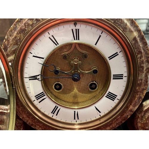 362 - Clocks: 19th cent. French black and rose marble clock garniture with anchor escapement, strikes half... 