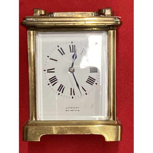 363 - Clocks: 20th cent. Brass small carriage clock J. Vincent, Weymouth. 4¼ins.