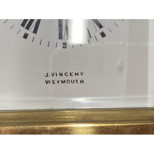 363 - Clocks: 20th cent. Brass small carriage clock J. Vincent, Weymouth. 4¼ins.