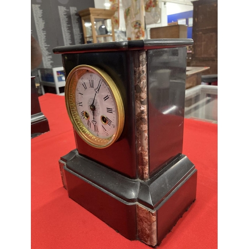 364 - Clocks: 19th cent. French black and brown/red marble mantel clock, enamelled face with Roman numeral... 