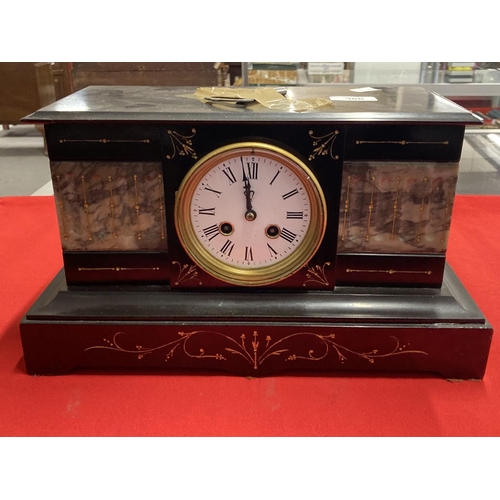 366 - Clocks: 19th cent. French black, grey and white marble with engraved floral decoration highlighted i... 