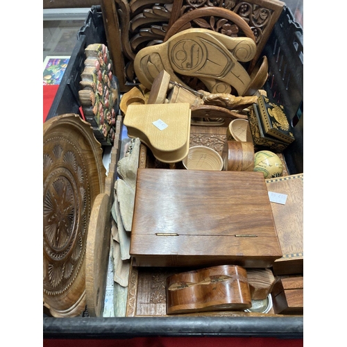 382 - 20th cent. Treen: Carved two handle tray, quantity of carved and inlaid boxes, treen trinket box in ... 