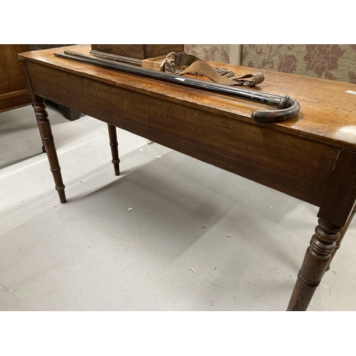 40 - 19th cent. Mahogany two drawer side table on turned ring legs. 48ins. x 16ins. x 27¾ins.