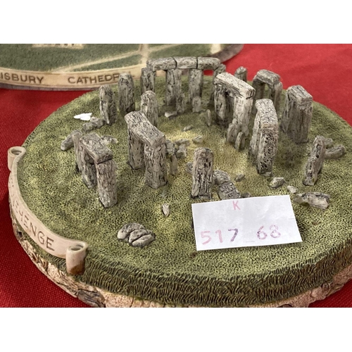 403 - Fraser Creations: Salisbury Cathedral boxed, the Roman Baths unboxed, and Stonehenge unboxed.