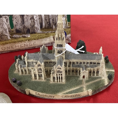 403 - Fraser Creations: Salisbury Cathedral boxed, the Roman Baths unboxed, and Stonehenge unboxed.