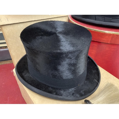 407 - Gentlemen's Millinery: Grey morning top hat, silk top hat, both Austin Reed, and a bowler hat Woodro... 