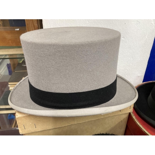 407 - Gentlemen's Millinery: Grey morning top hat, silk top hat, both Austin Reed, and a bowler hat Woodro... 