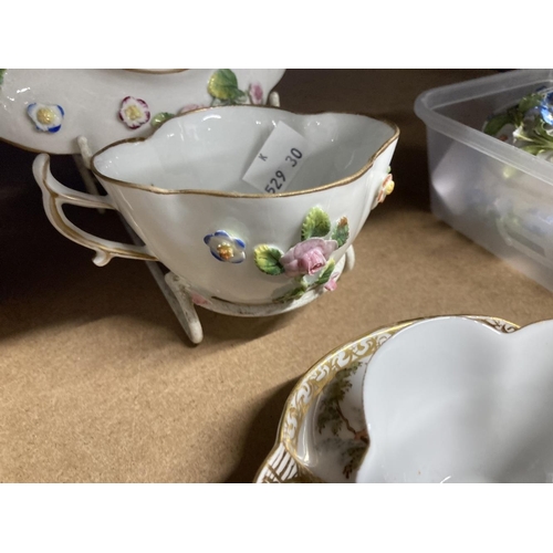 411 - Continental Ceramics: Karl Thieme miniature quatrefoil cups and saucers crossed mark T to base flora... 